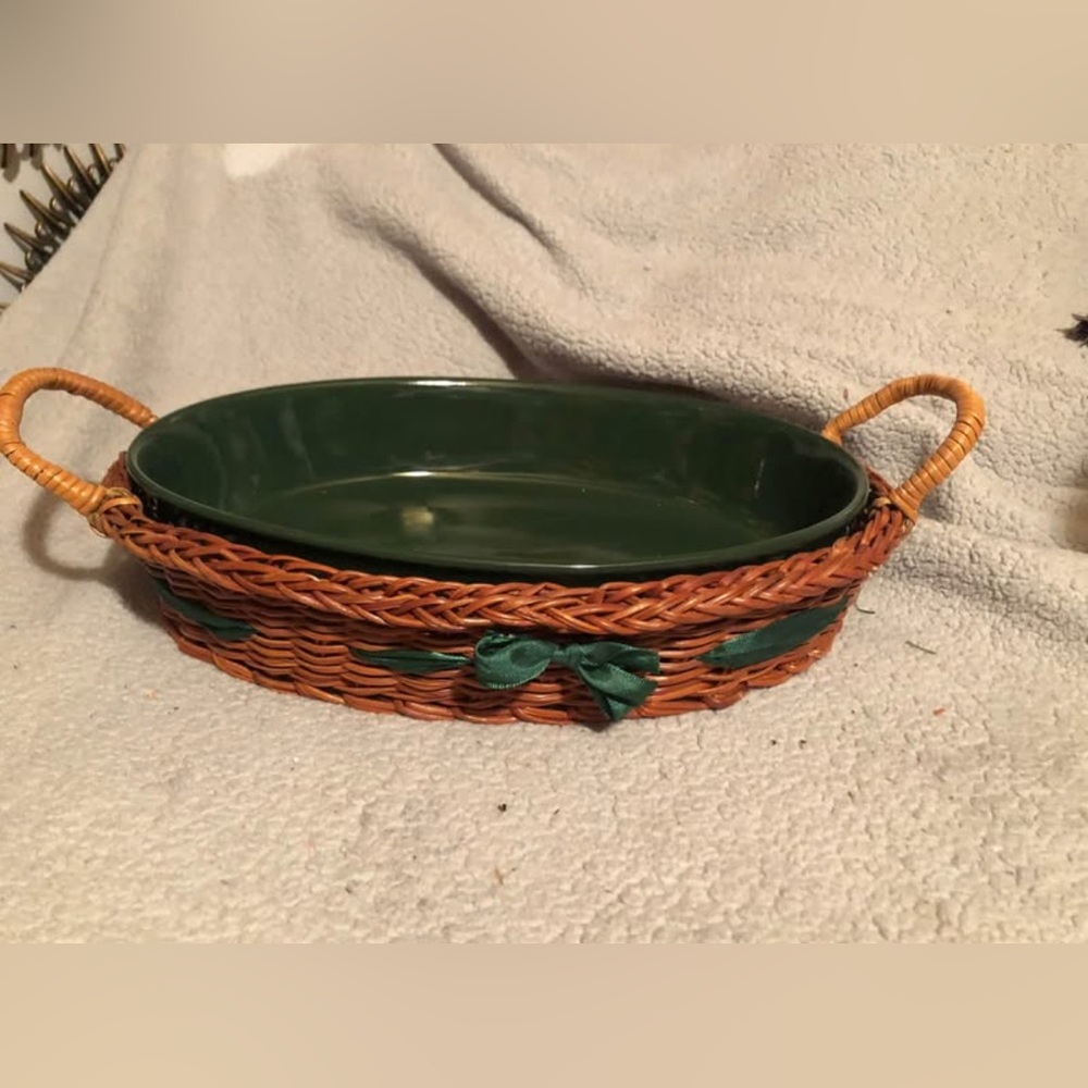 Green Ceramic Dish with Wicker Basket